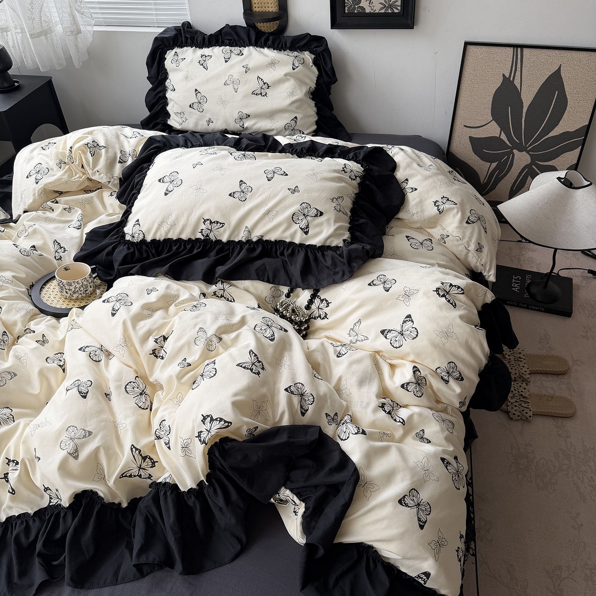 91家纺网 家纺一手货源 找家纺 原素 2026新款大黑边水洗棉四件套-安娜系列 安娜-蝴蝶