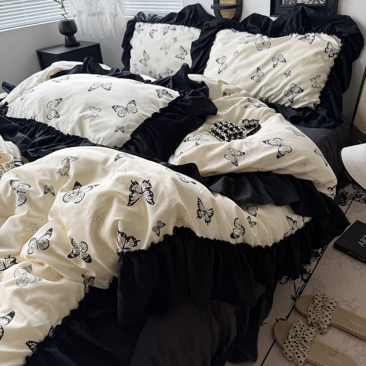 91家纺网 家纺一手货源 找家纺 原素 2026新款大黑边水洗棉四件套-安娜系列 安娜-蝴蝶