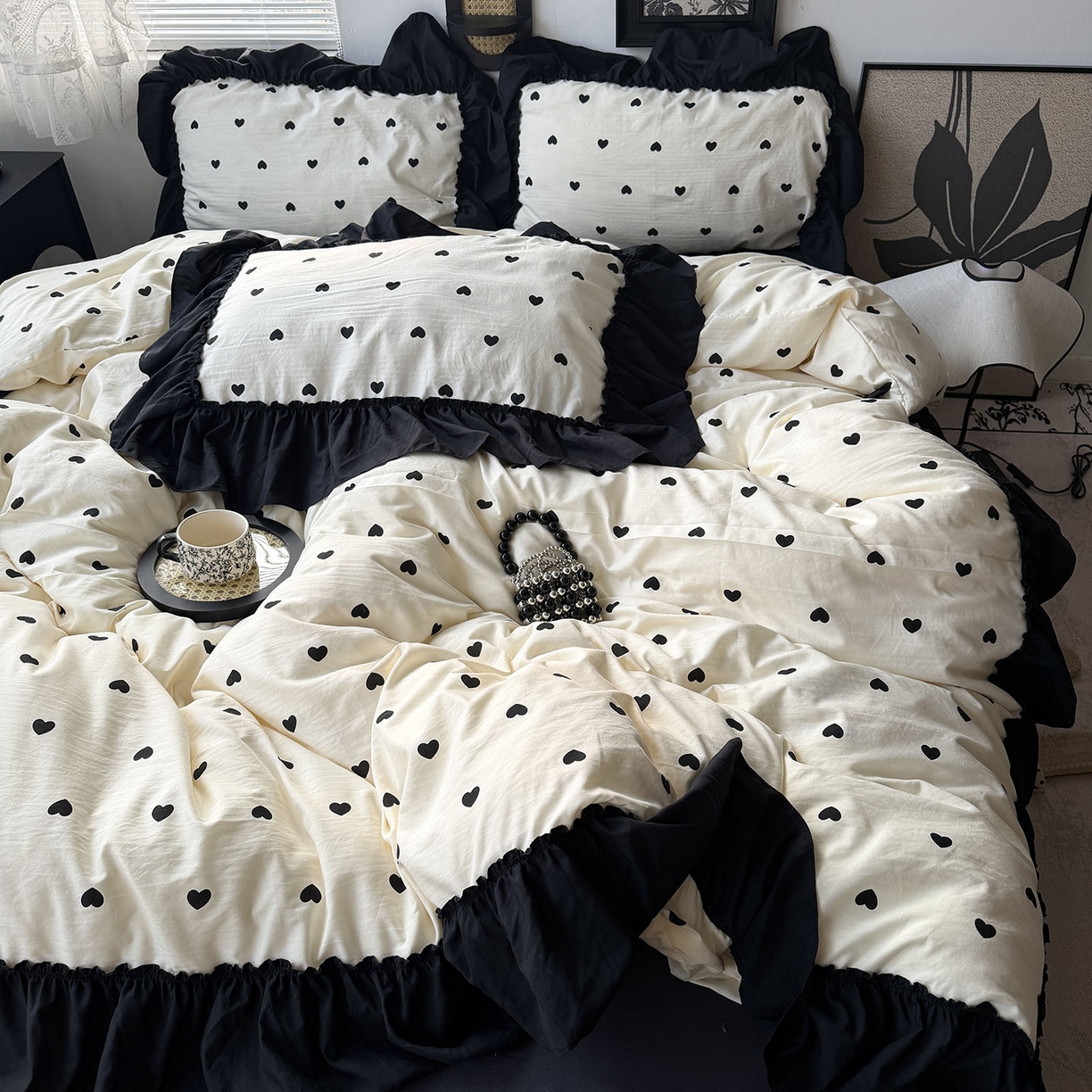 91家纺网 家纺一手货源 找家纺 原素 2026新款大黑边水洗棉四件套-安娜系列 安娜-爱心