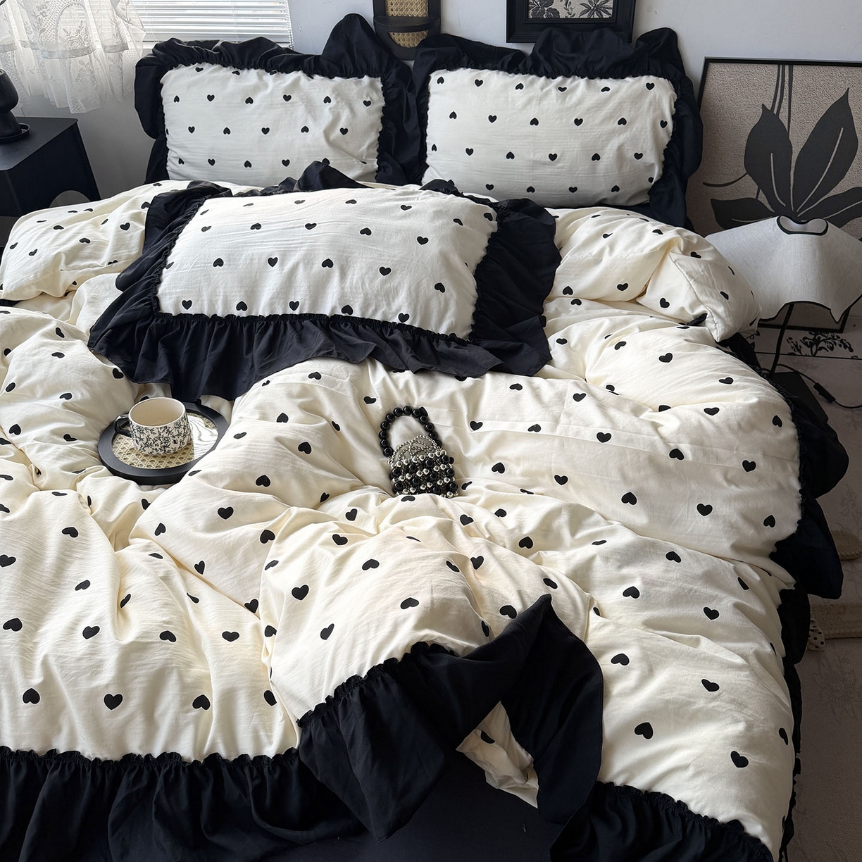 91家纺网 家纺一手货源 找家纺 原素 2026新款大黑边水洗棉四件套-安娜系列 安娜-爱心