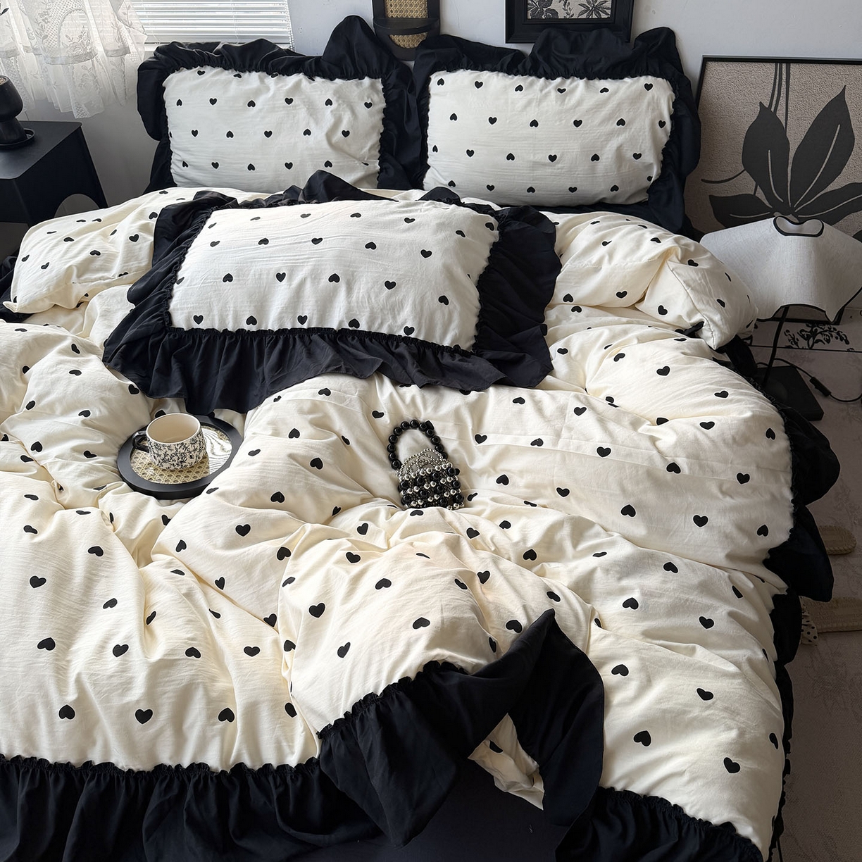 91家纺网 家纺一手货源 找家纺 原素 2026新款大黑边水洗棉四件套-安娜系列 安娜-爱心