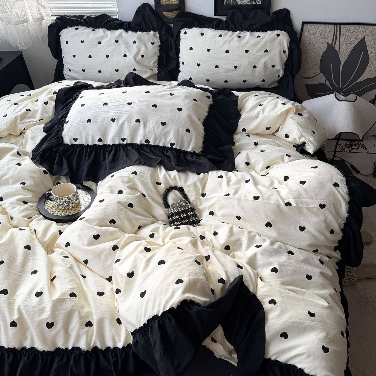 91家纺网 家纺一手货源 找家纺 原素 2026新款大黑边水洗棉四件套-安娜系列 安娜-爱心