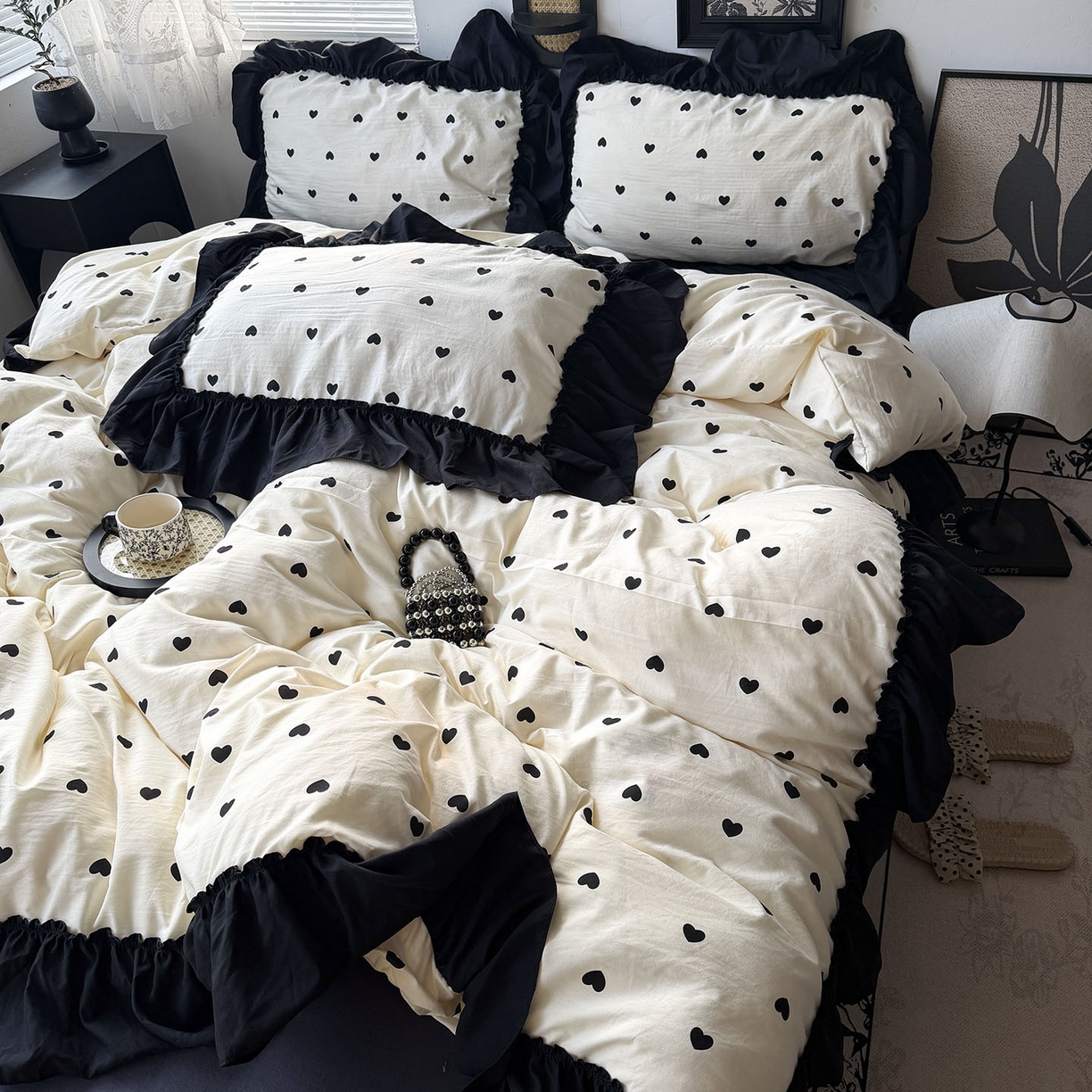 91家纺网 家纺一手货源 找家纺 原素 2026新款大黑边水洗棉四件套-安娜系列 安娜-爱心