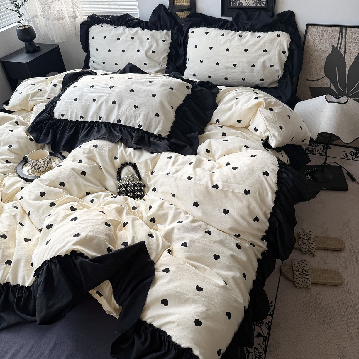 91家纺网 家纺一手货源 找家纺 原素 2026新款大黑边水洗棉四件套-安娜系列 安娜-爱心