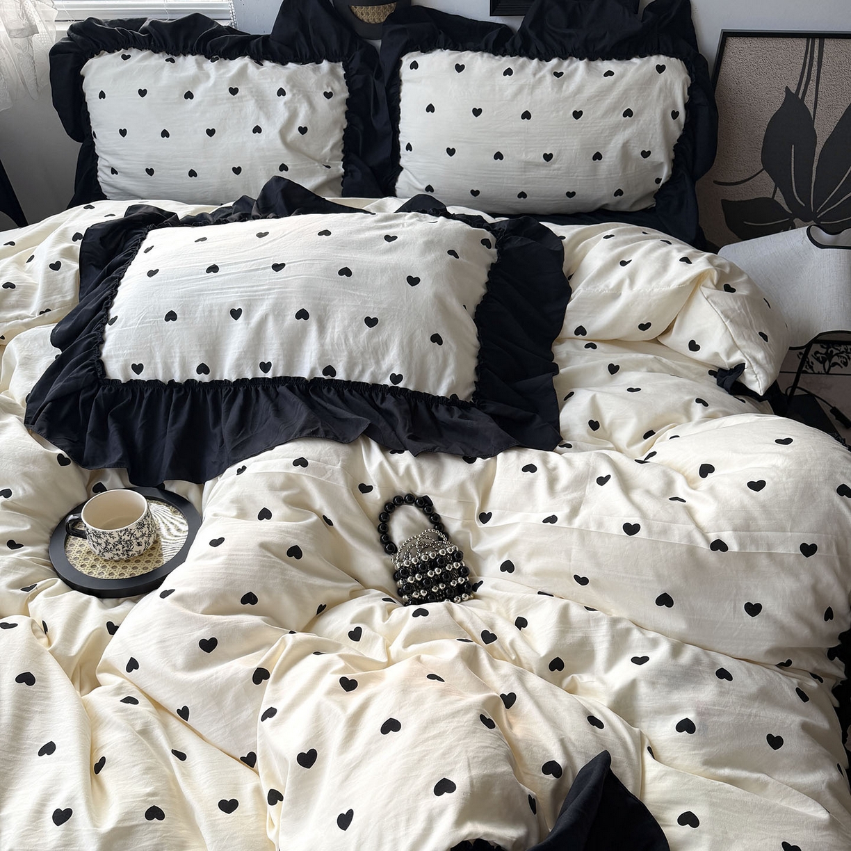 91家纺网 家纺一手货源 找家纺 原素 2026新款大黑边水洗棉四件套-安娜系列 安娜-爱心