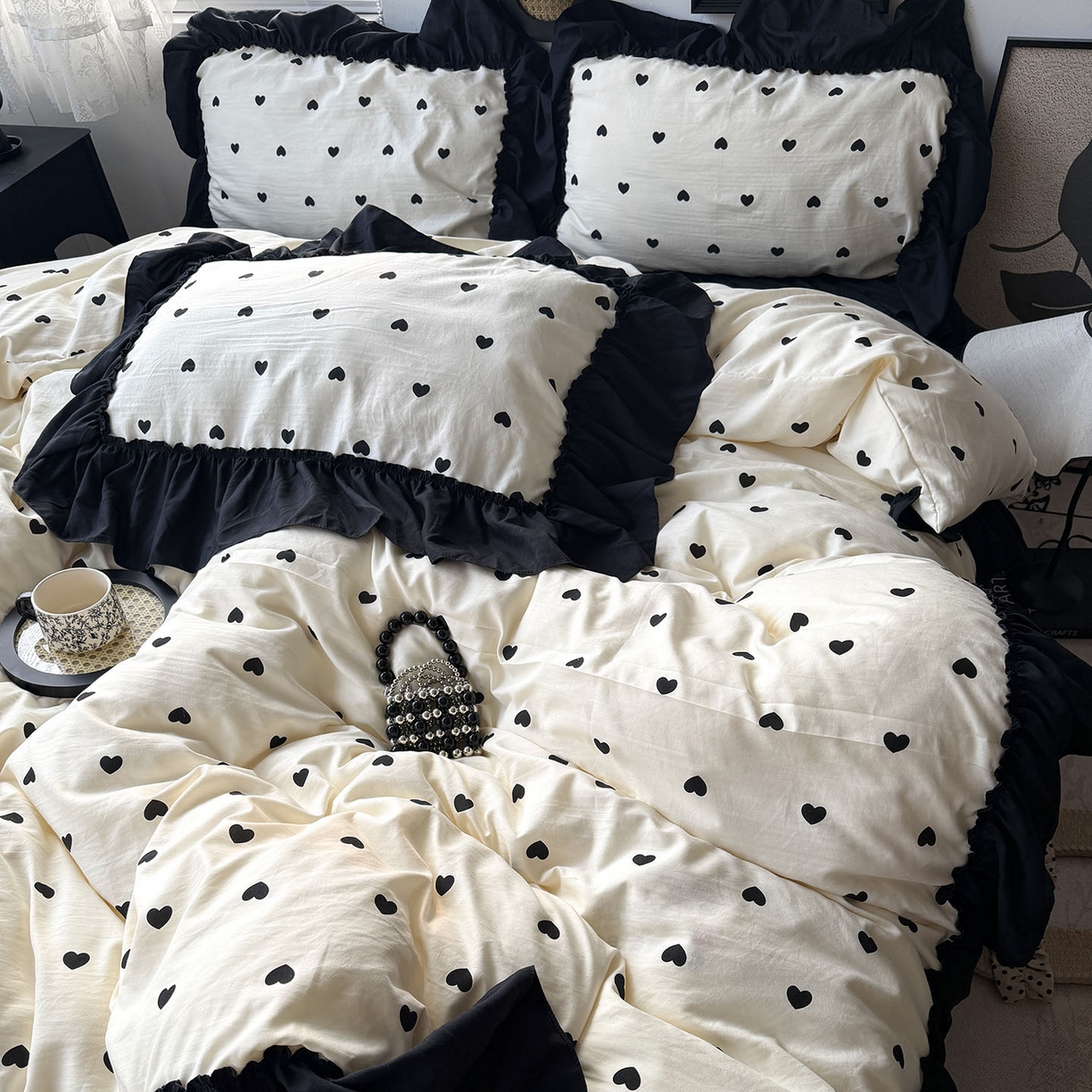 91家纺网 家纺一手货源 找家纺 原素 2026新款大黑边水洗棉四件套-安娜系列 安娜-爱心