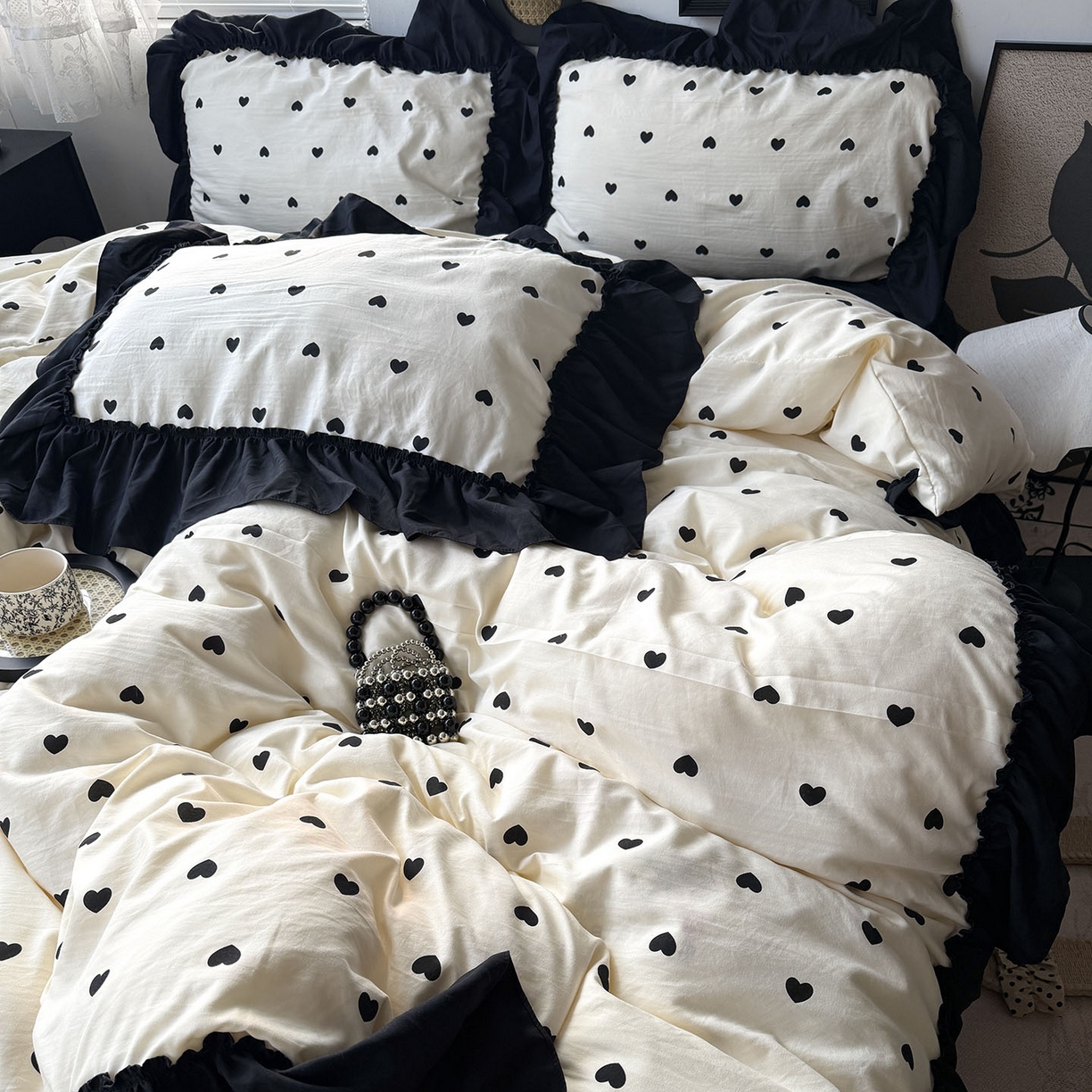 91家纺网 家纺一手货源 找家纺 原素 2026新款大黑边水洗棉四件套-安娜系列 安娜-爱心