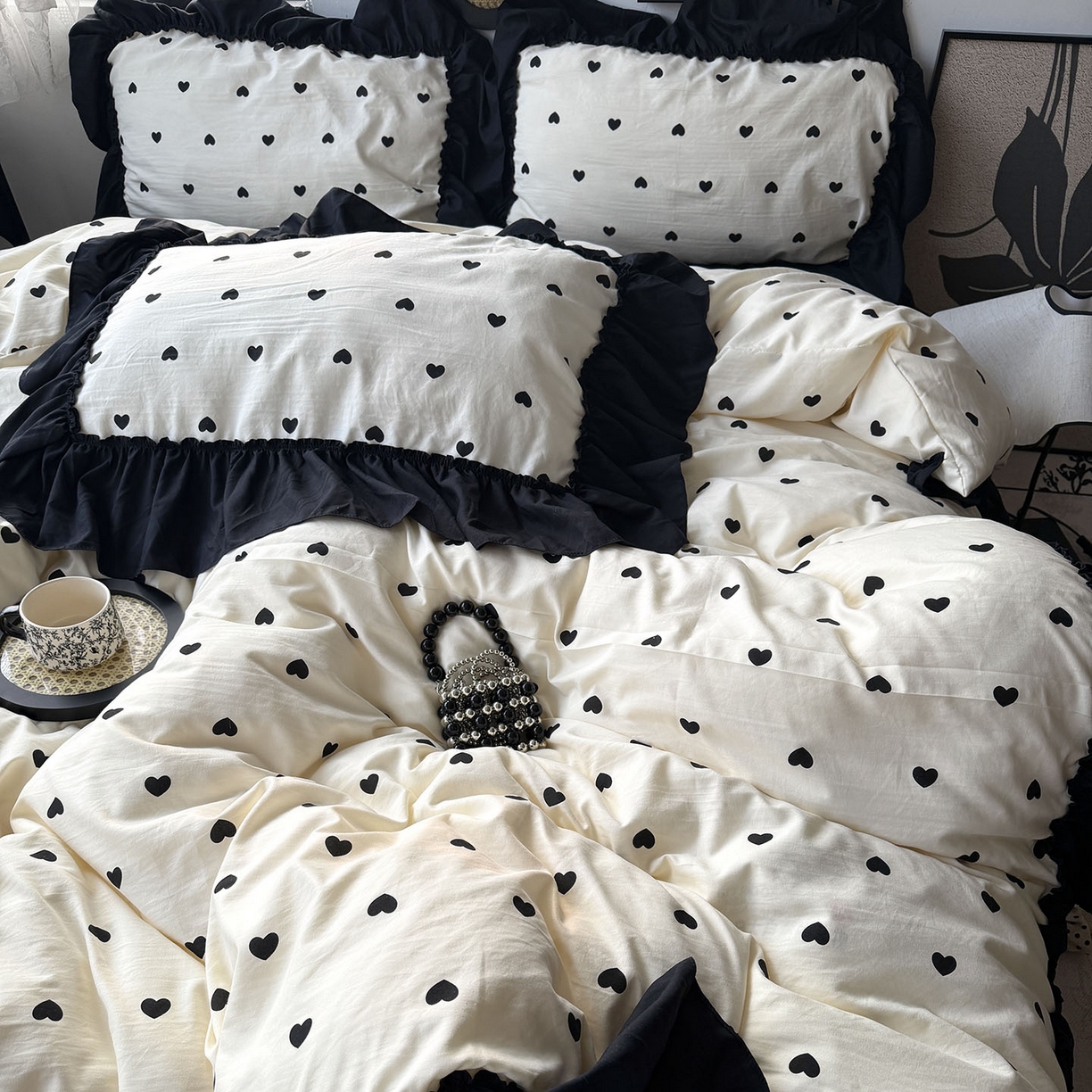 91家纺网 家纺一手货源 找家纺 原素 2026新款大黑边水洗棉四件套-安娜系列 安娜-爱心