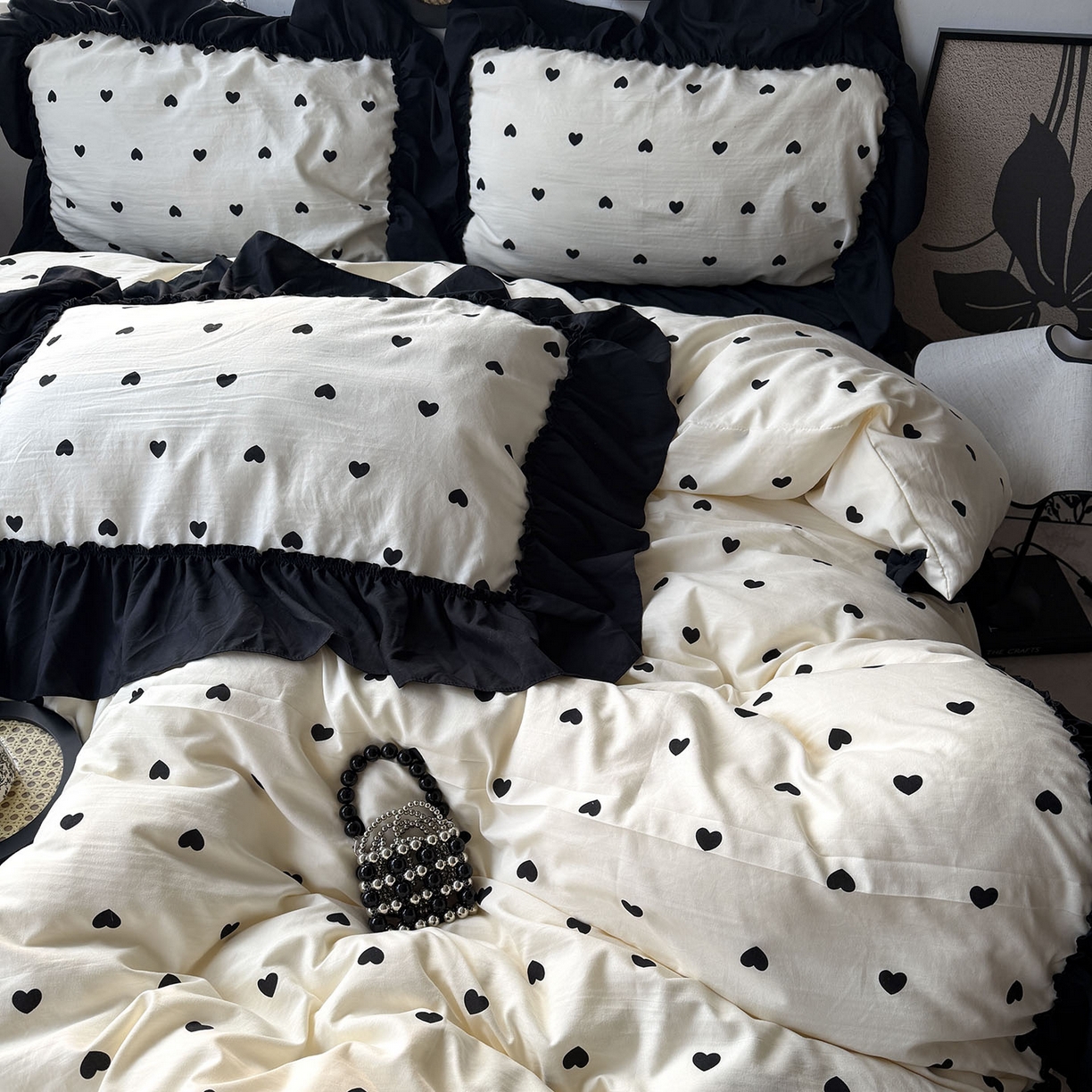 91家纺网 家纺一手货源 找家纺 原素 2026新款大黑边水洗棉四件套-安娜系列 安娜-爱心