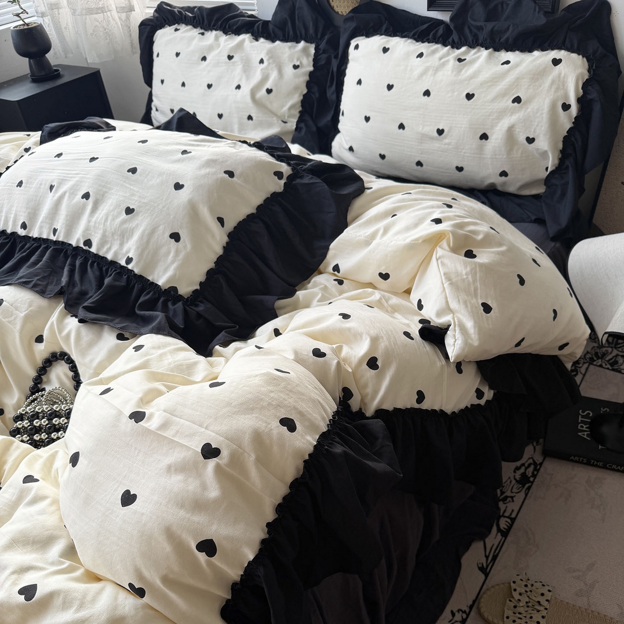 91家纺网 家纺一手货源 找家纺 原素 2026新款大黑边水洗棉四件套-安娜系列 安娜-爱心