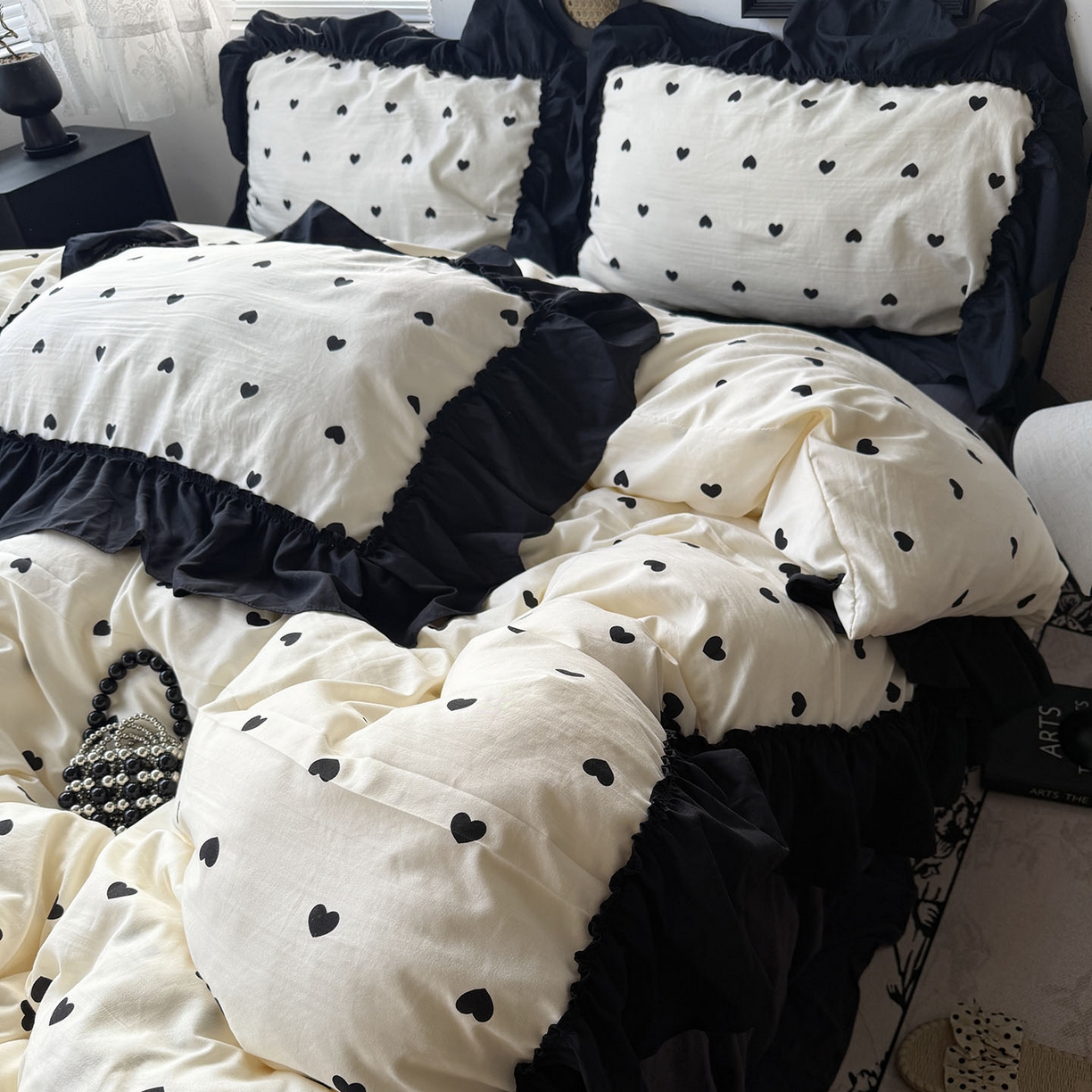 91家纺网 家纺一手货源 找家纺 原素 2026新款大黑边水洗棉四件套-安娜系列 安娜-爱心