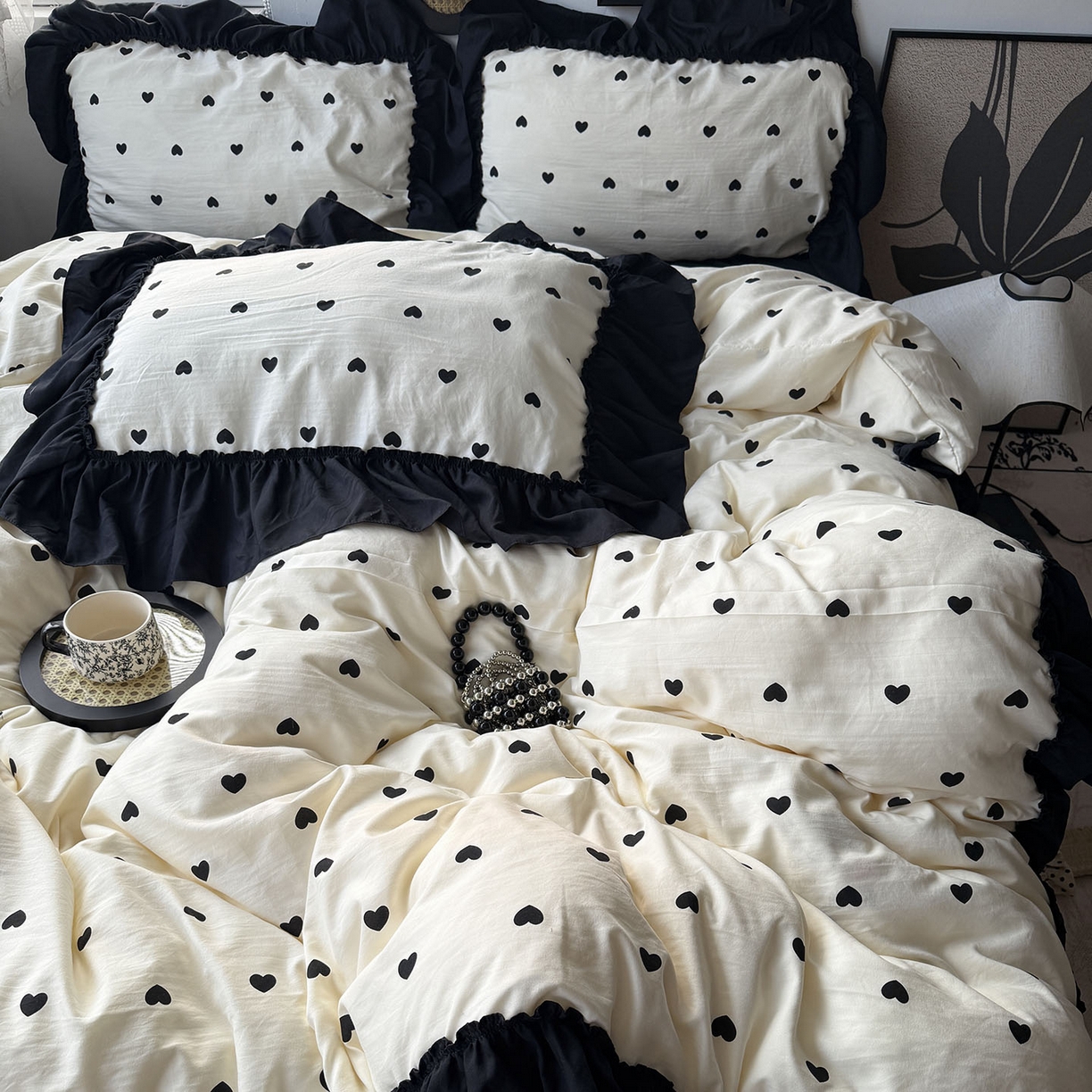 91家纺网 家纺一手货源 找家纺 原素 2026新款大黑边水洗棉四件套-安娜系列 安娜-爱心