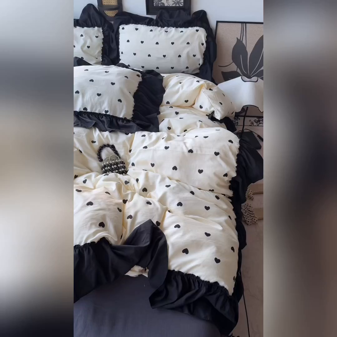 91家纺网 家纺一手货源 找家纺 原素 2026新款大黑边水洗棉四件套-安娜系列 安娜-爱心