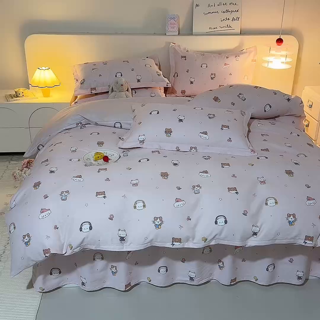 91家纺网 家纺一手货源 找家纺 八十八家纺 2025新款全棉12868床裙款四件套 趣猫