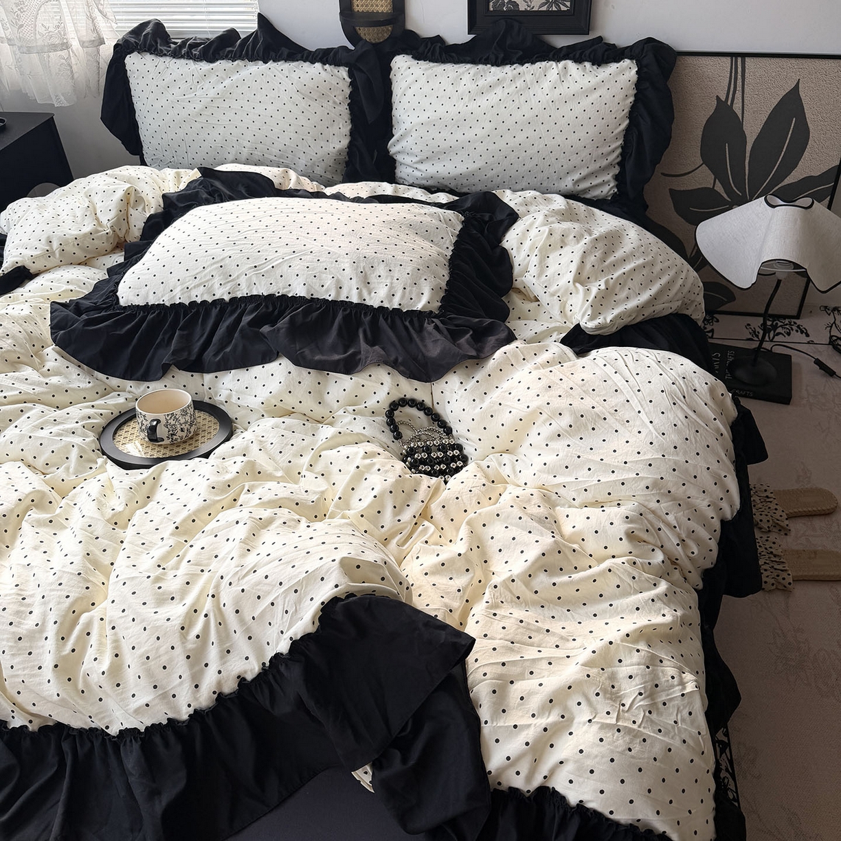 91家纺网 家纺一手货源 找家纺 原素 2026新款大黑边水洗棉四件套-安娜系列 安娜-波点