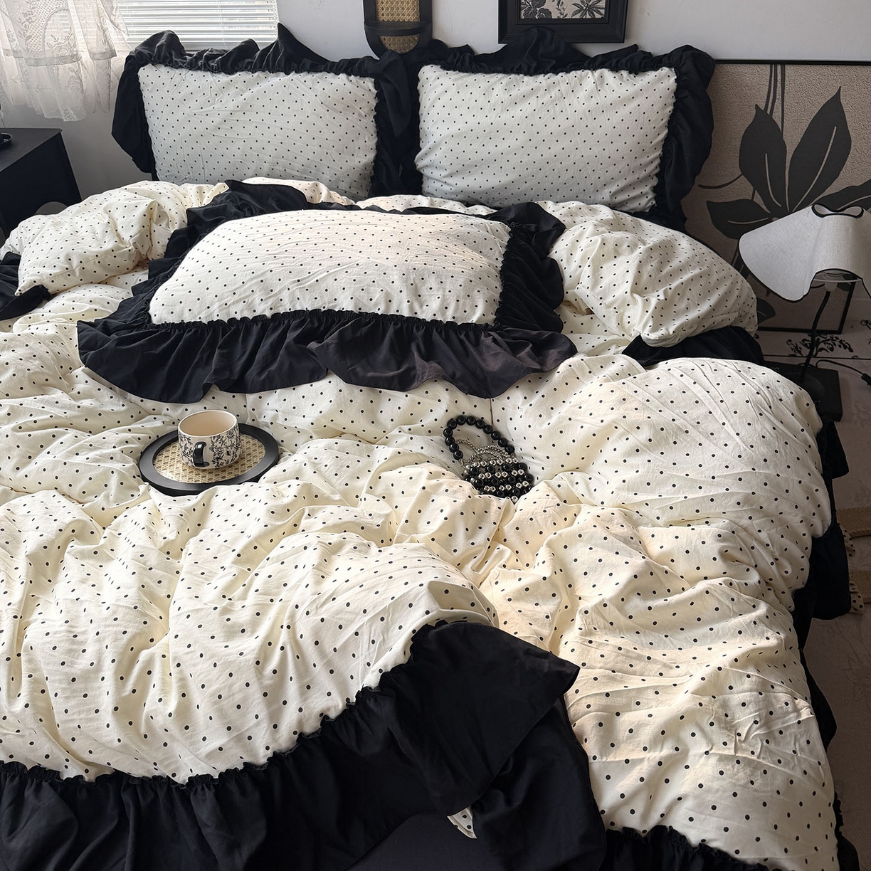 91家纺网 家纺一手货源 找家纺 原素 2026新款大黑边水洗棉四件套-安娜系列 安娜-波点