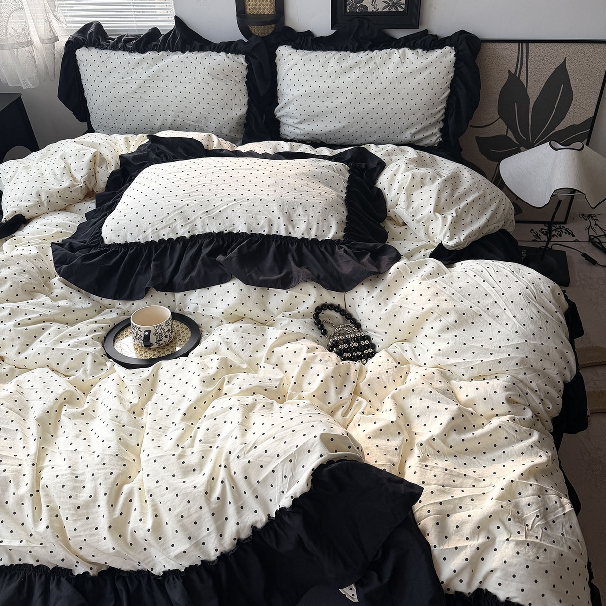 91家纺网 家纺一手货源 找家纺 原素 2026新款大黑边水洗棉四件套-安娜系列 安娜-波点