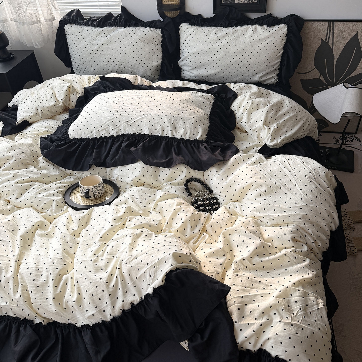 91家纺网 家纺一手货源 找家纺 原素 2026新款大黑边水洗棉四件套-安娜系列 安娜-波点