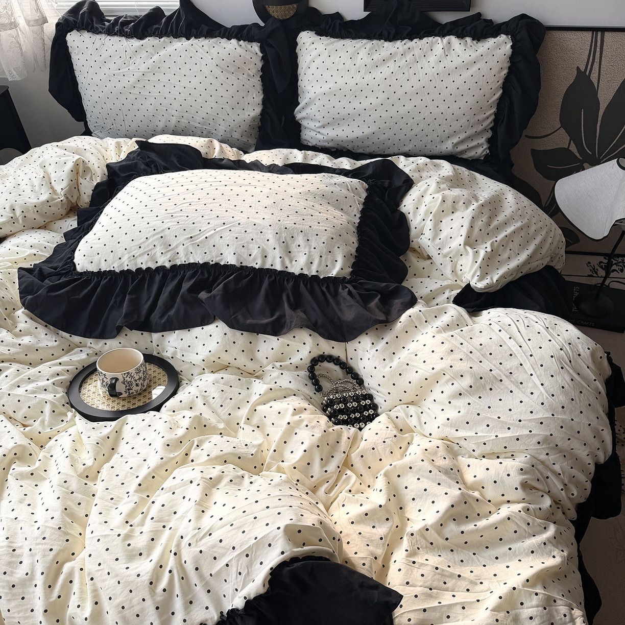 91家纺网 家纺一手货源 找家纺 原素 2026新款大黑边水洗棉四件套-安娜系列 安娜-波点