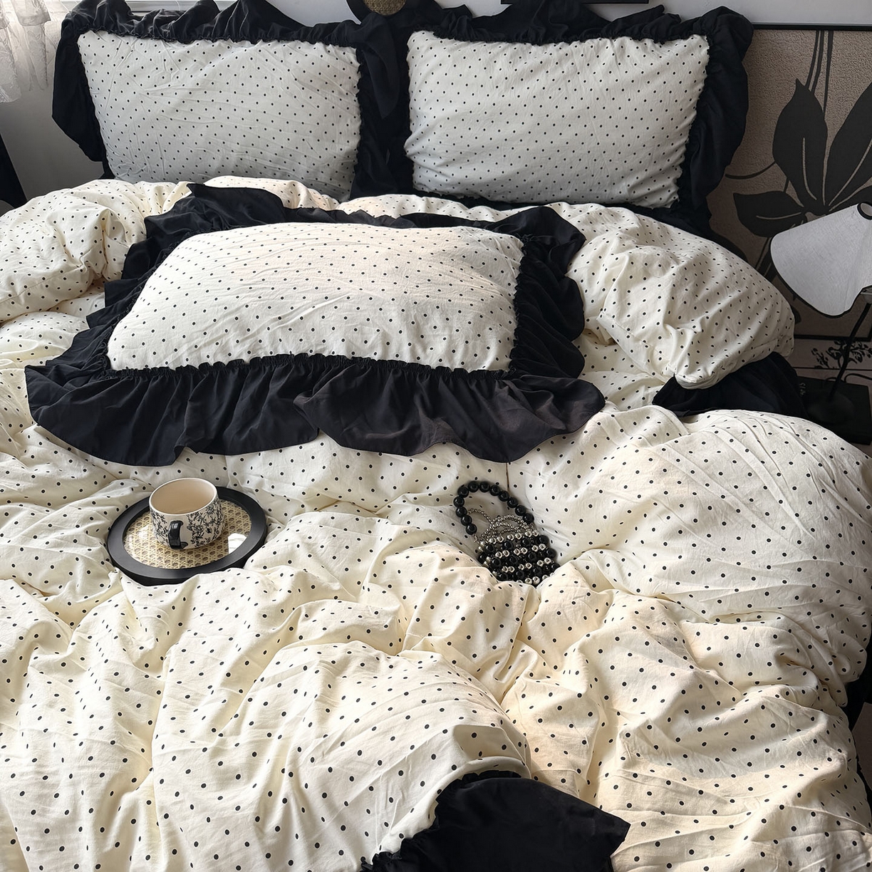 91家纺网 家纺一手货源 找家纺 原素 2026新款大黑边水洗棉四件套-安娜系列 安娜-波点