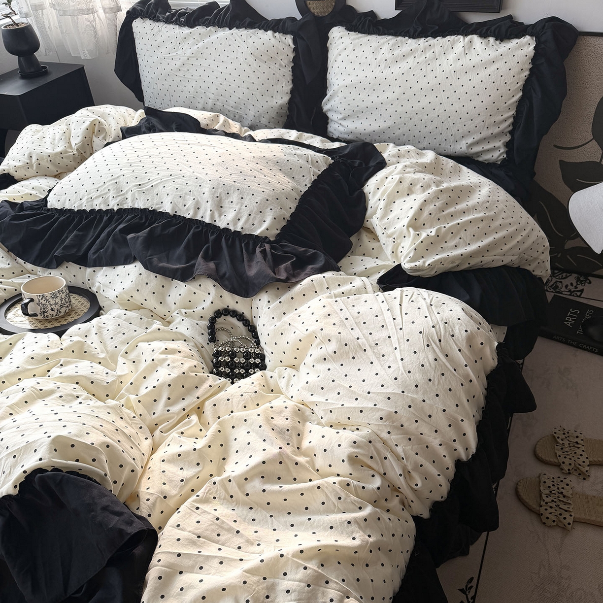 91家纺网 家纺一手货源 找家纺 原素 2026新款大黑边水洗棉四件套-安娜系列 安娜-波点