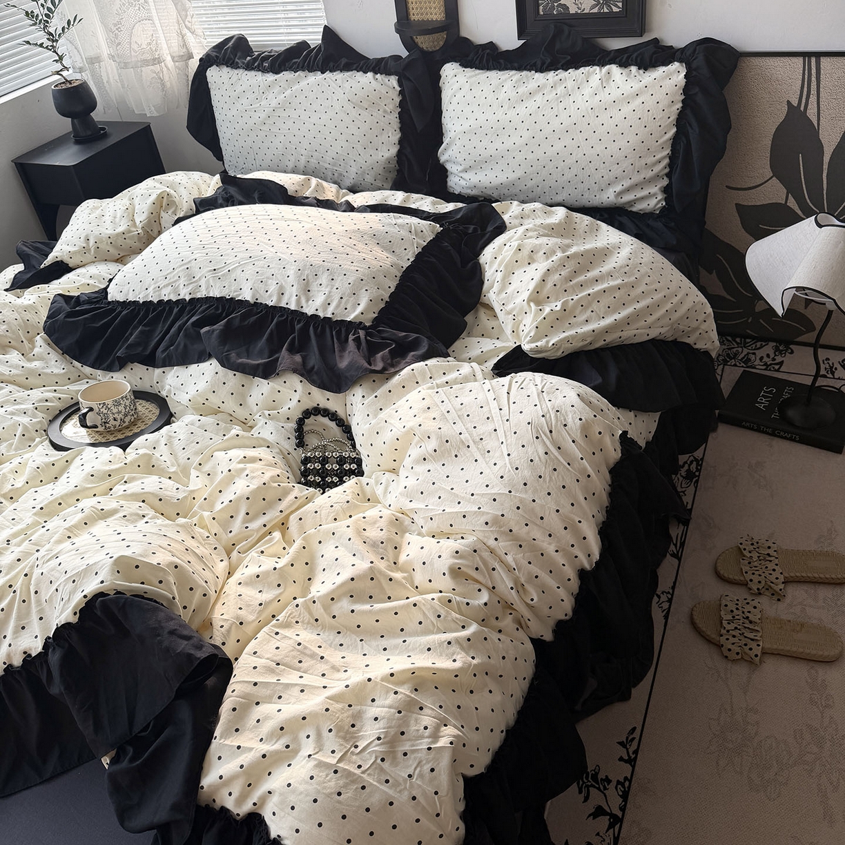 91家纺网 家纺一手货源 找家纺 原素 2026新款大黑边水洗棉四件套-安娜系列 安娜-波点