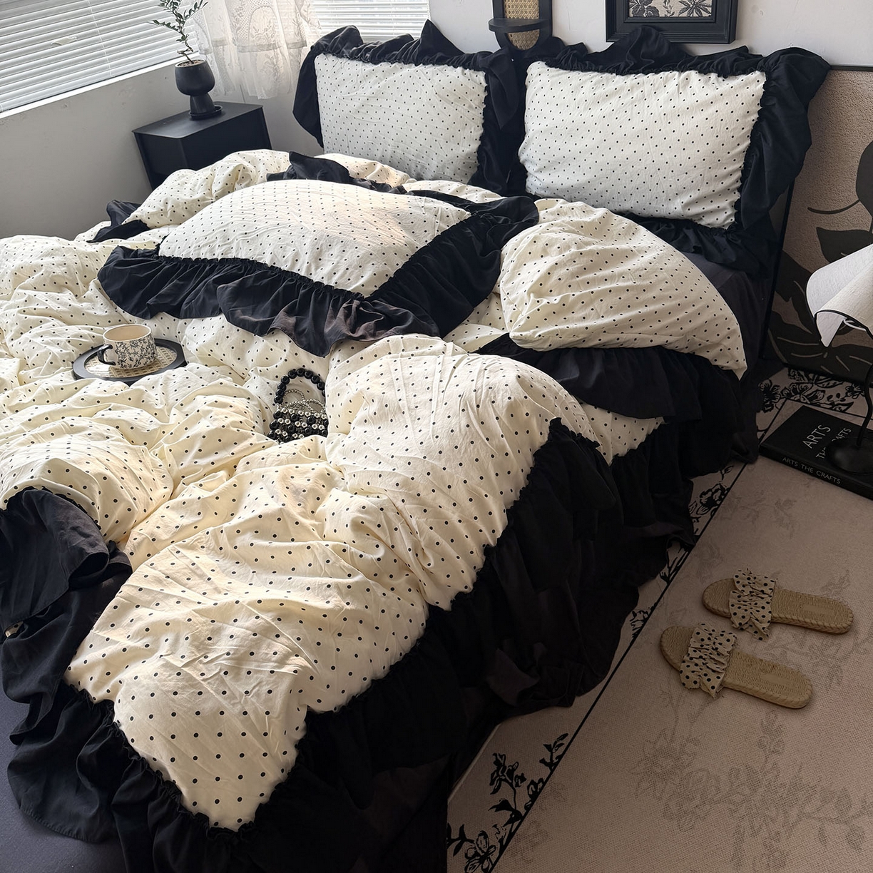 91家纺网 家纺一手货源 找家纺 原素 2026新款大黑边水洗棉四件套-安娜系列 安娜-波点