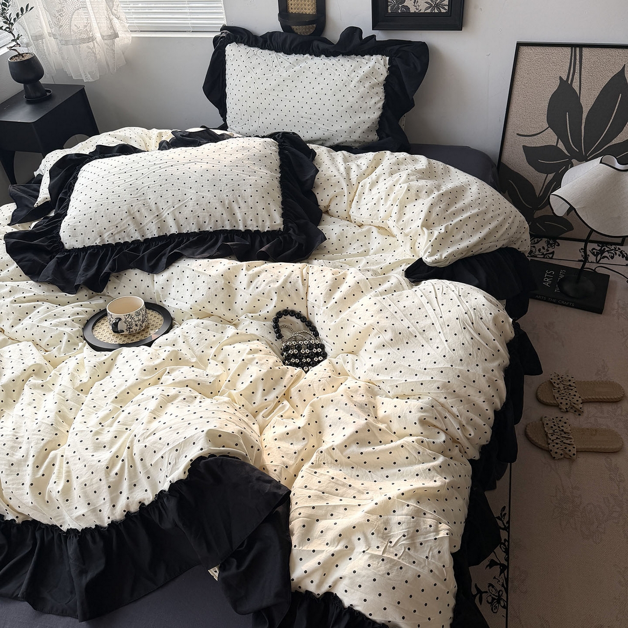 91家纺网 家纺一手货源 找家纺 原素 2026新款大黑边水洗棉四件套-安娜系列 安娜-波点