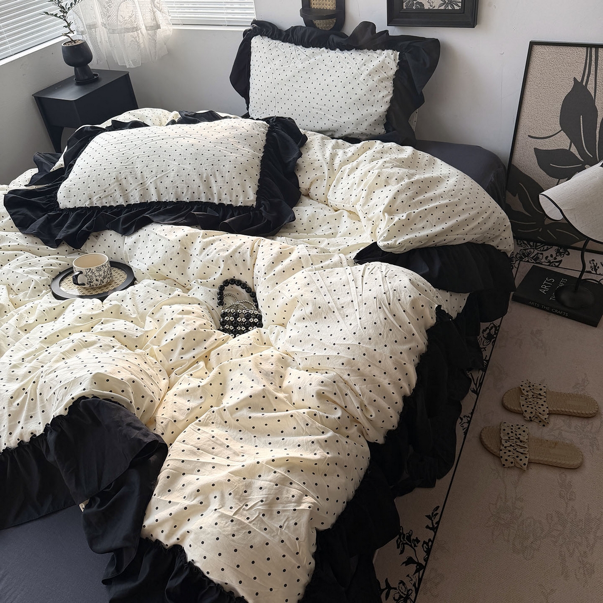 91家纺网 家纺一手货源 找家纺 原素 2026新款大黑边水洗棉四件套-安娜系列 安娜-波点