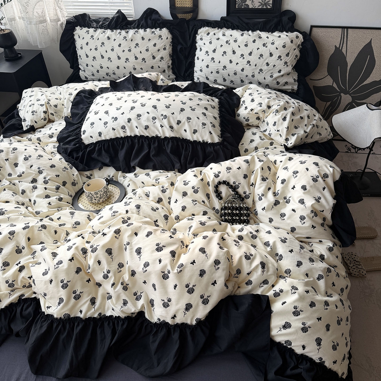 91家纺网 家纺一手货源 找家纺 原素 2026新款大黑边水洗棉四件套-安娜系列 安娜-玫瑰