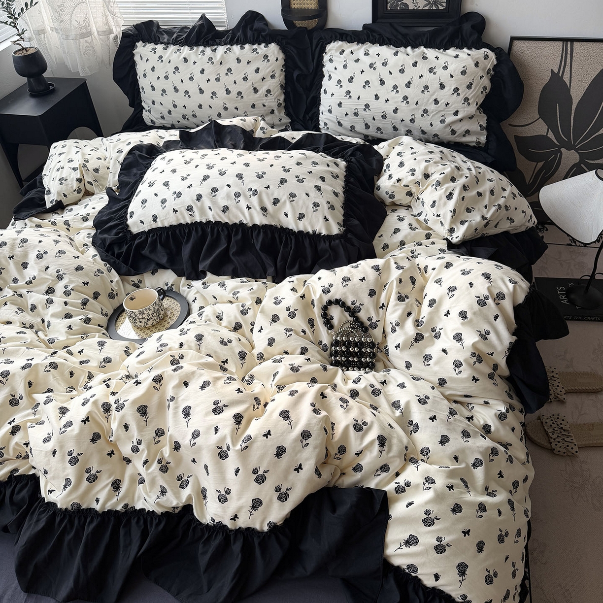 91家纺网 家纺一手货源 找家纺 原素 2026新款大黑边水洗棉四件套-安娜系列 安娜-玫瑰