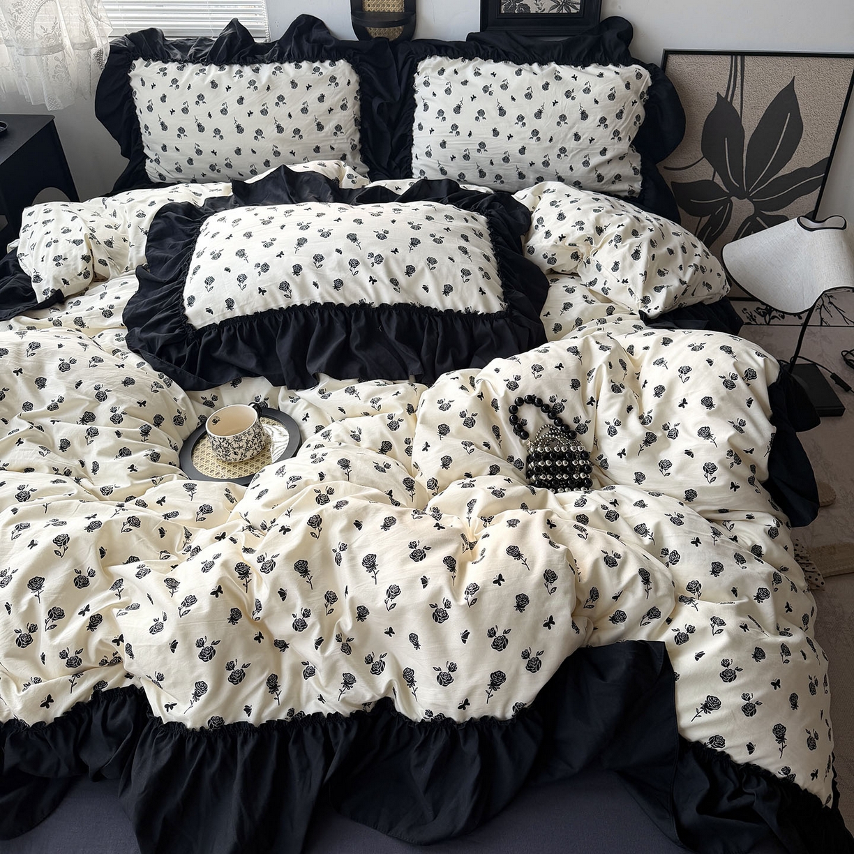 91家纺网 家纺一手货源 找家纺 原素 2026新款大黑边水洗棉四件套-安娜系列 安娜-玫瑰