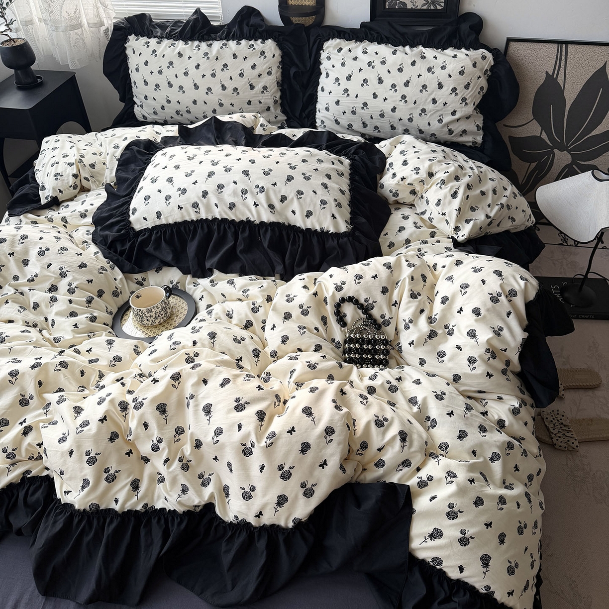 91家纺网 家纺一手货源 找家纺 原素 2026新款大黑边水洗棉四件套-安娜系列 安娜-玫瑰