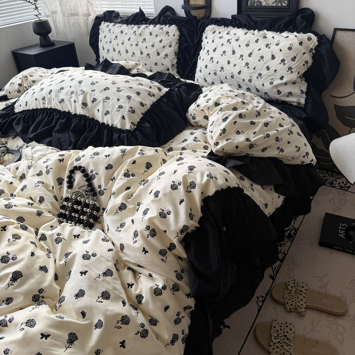 91家纺网 家纺一手货源 找家纺 原素 2026新款大黑边水洗棉四件套-安娜系列 安娜-玫瑰