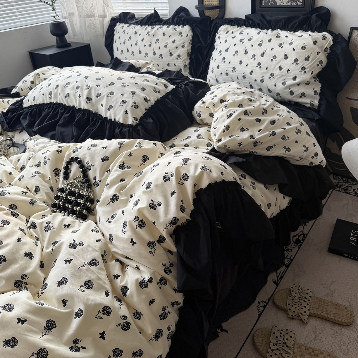 91家纺网 家纺一手货源 找家纺 原素 2026新款大黑边水洗棉四件套-安娜系列 安娜-玫瑰