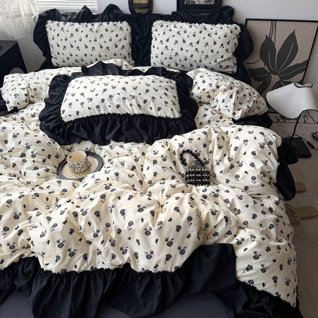 91家纺网 家纺一手货源 找家纺 原素 2026新款大黑边水洗棉四件套-安娜系列 安娜-玫瑰