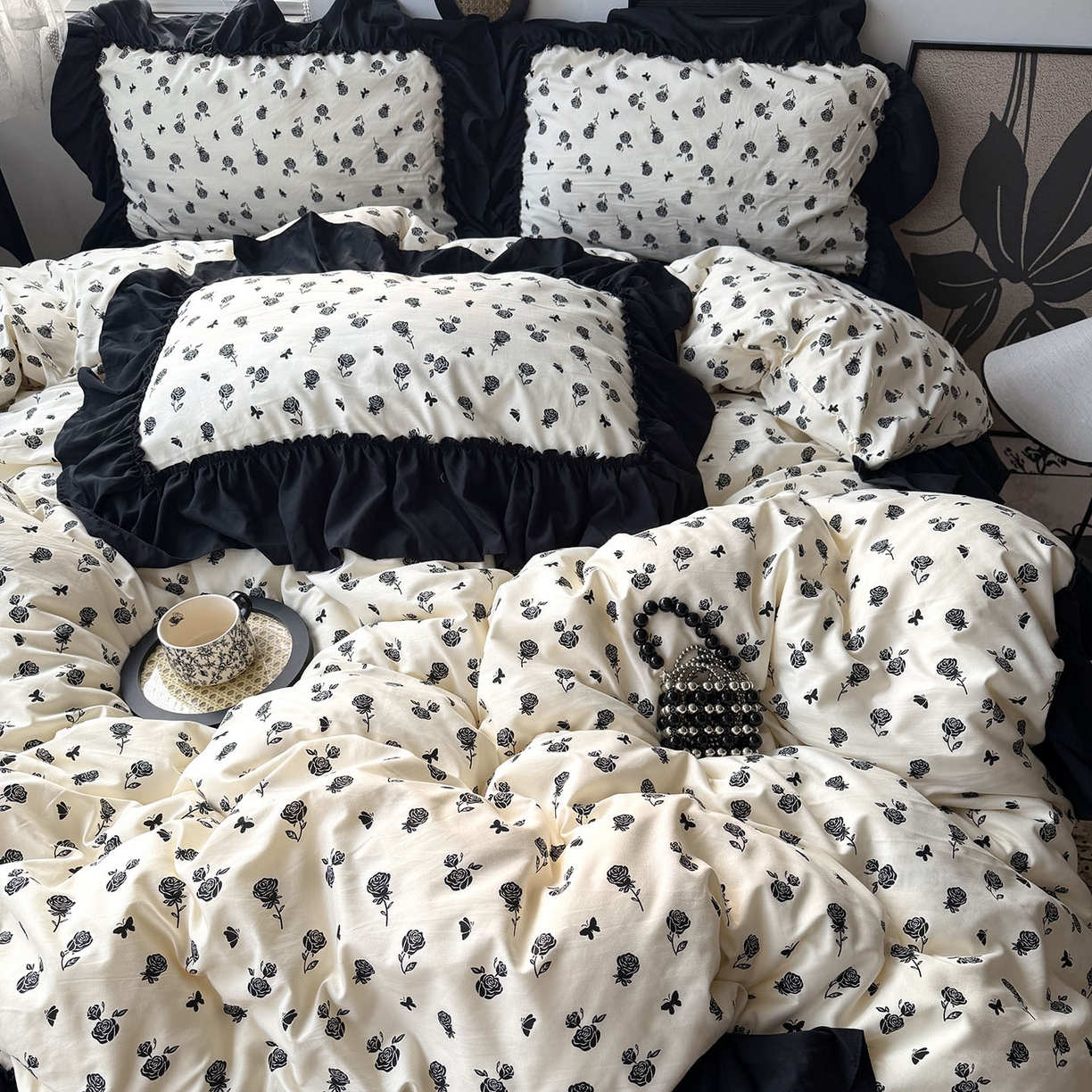 91家纺网 家纺一手货源 找家纺 原素 2026新款大黑边水洗棉四件套-安娜系列 安娜-玫瑰