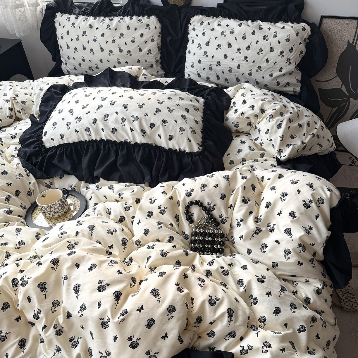 91家纺网 家纺一手货源 找家纺 原素 2026新款大黑边水洗棉四件套-安娜系列 安娜-玫瑰
