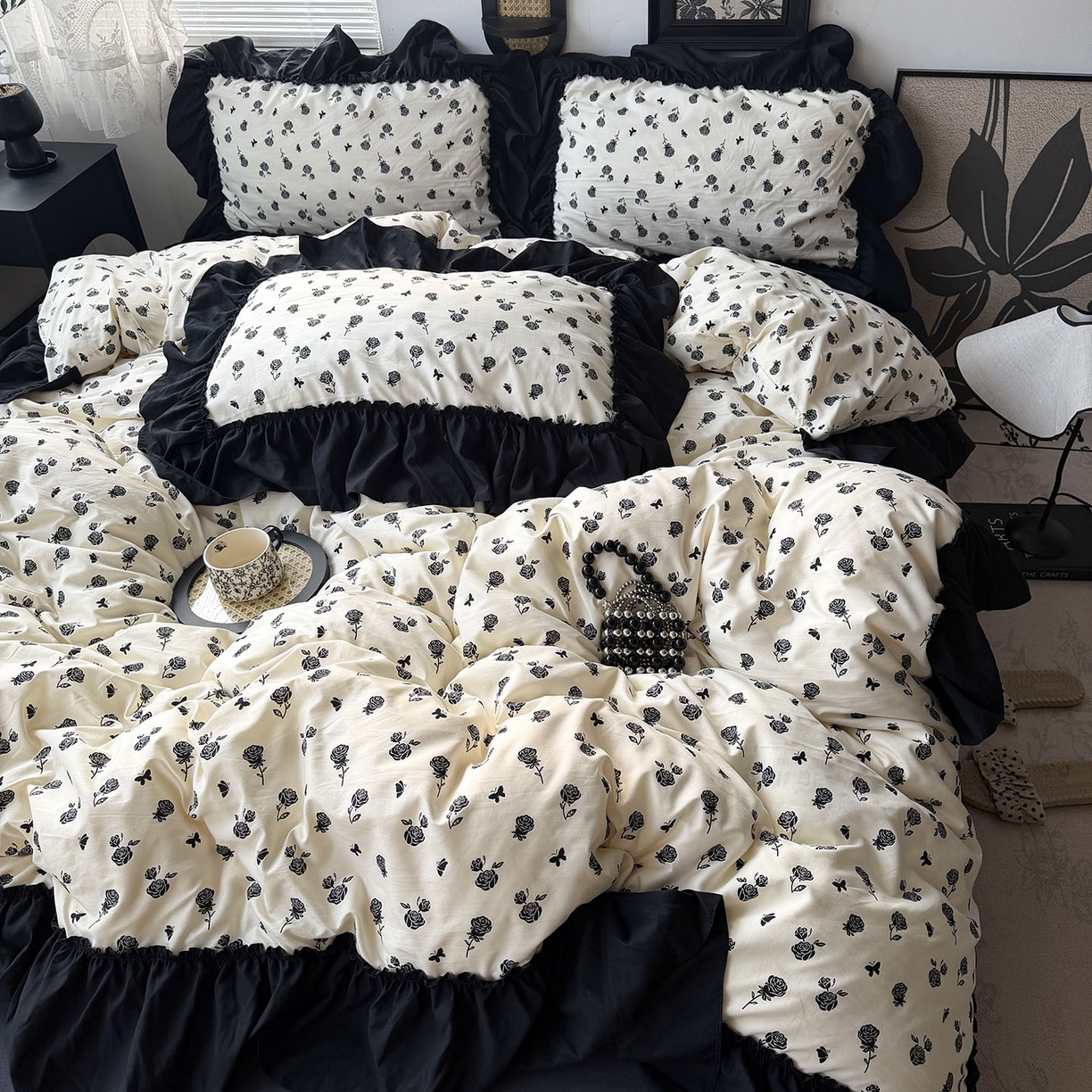 91家纺网 家纺一手货源 找家纺 原素 2026新款大黑边水洗棉四件套-安娜系列 安娜-玫瑰