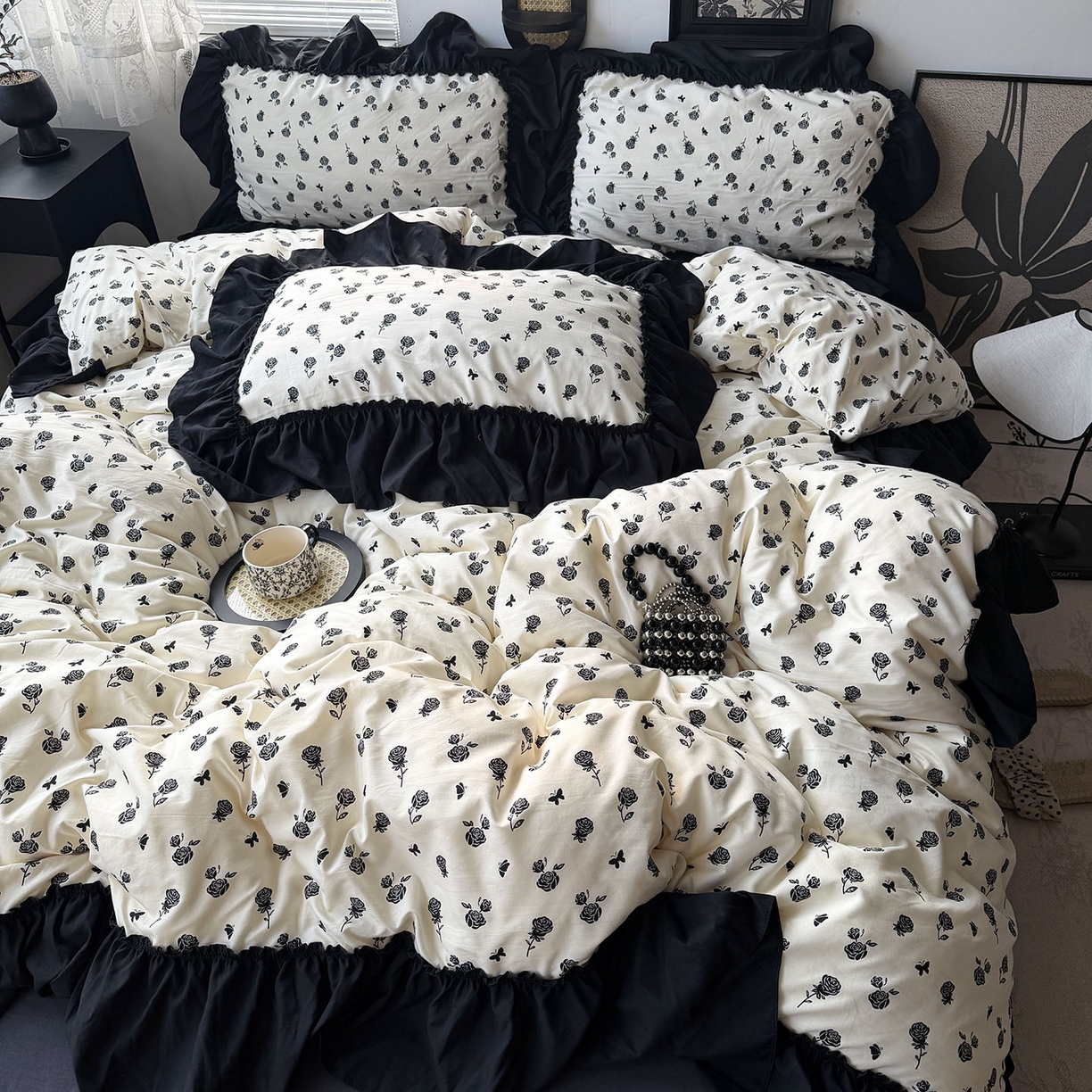 91家纺网 家纺一手货源 找家纺 原素 2026新款大黑边水洗棉四件套-安娜系列 安娜-玫瑰