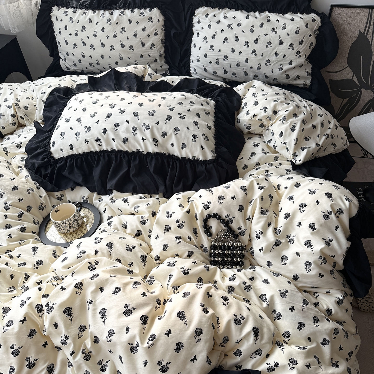 91家纺网 家纺一手货源 找家纺 原素 2026新款大黑边水洗棉四件套-安娜系列 安娜-玫瑰