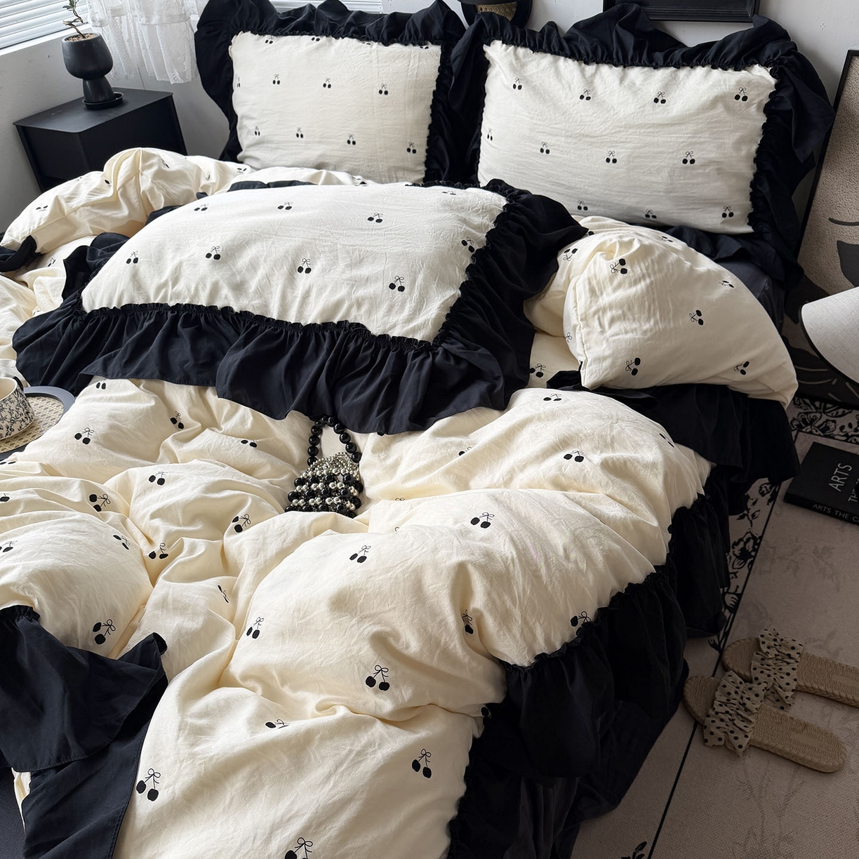 91家纺网 家纺一手货源 找家纺 原素 2026新款大黑边水洗棉四件套-安娜系列 安娜-樱桃