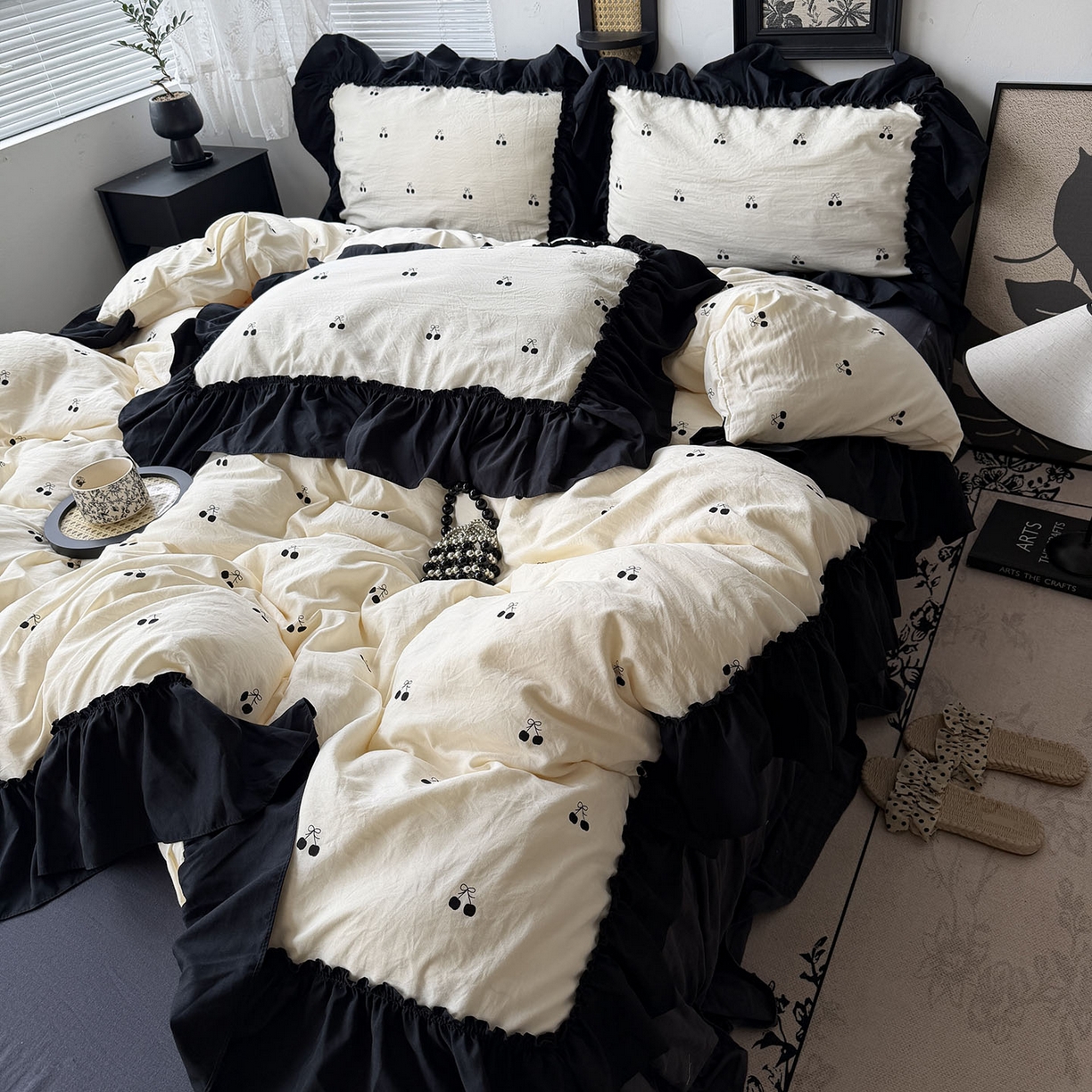 91家纺网 家纺一手货源 找家纺 原素 2026新款大黑边水洗棉四件套-安娜系列 安娜-樱桃