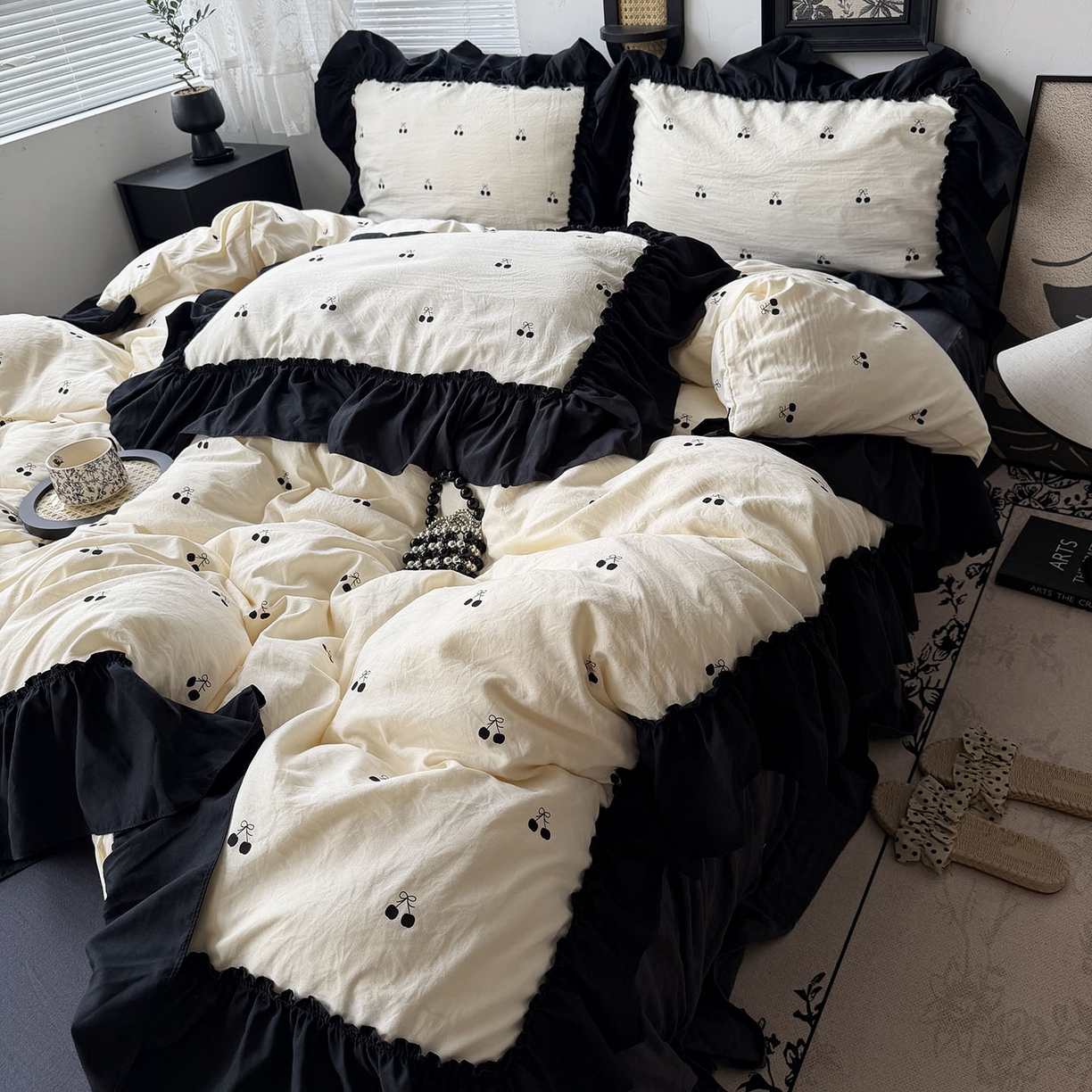 91家纺网 家纺一手货源 找家纺 原素 2026新款大黑边水洗棉四件套-安娜系列 安娜-樱桃