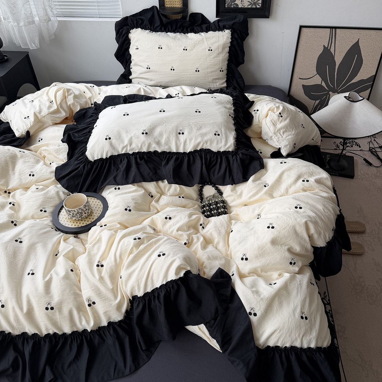 91家纺网 家纺一手货源 找家纺 原素 2026新款大黑边水洗棉四件套-安娜系列 安娜-樱桃