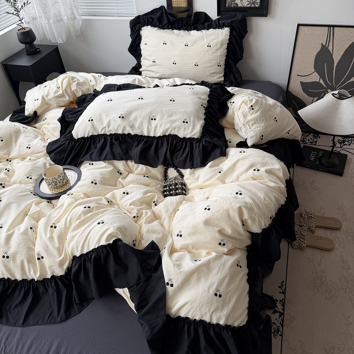 91家纺网 家纺一手货源 找家纺 原素 2026新款大黑边水洗棉四件套-安娜系列 安娜-樱桃