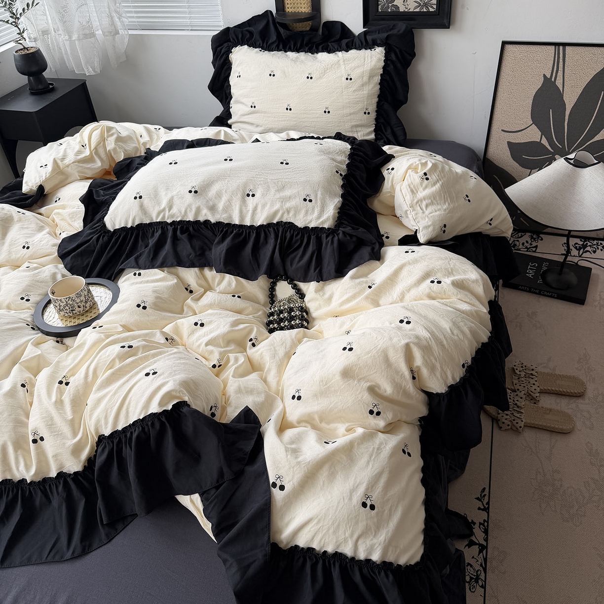 91家纺网 家纺一手货源 找家纺 原素 2026新款大黑边水洗棉四件套-安娜系列 安娜-樱桃