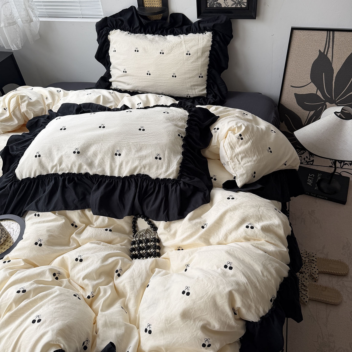 91家纺网 家纺一手货源 找家纺 原素 2026新款大黑边水洗棉四件套-安娜系列 安娜-樱桃