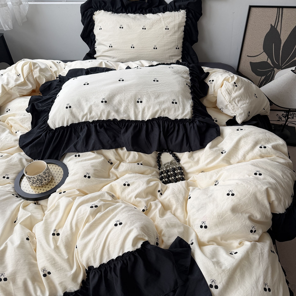 91家纺网 家纺一手货源 找家纺 原素 2026新款大黑边水洗棉四件套-安娜系列 安娜-樱桃