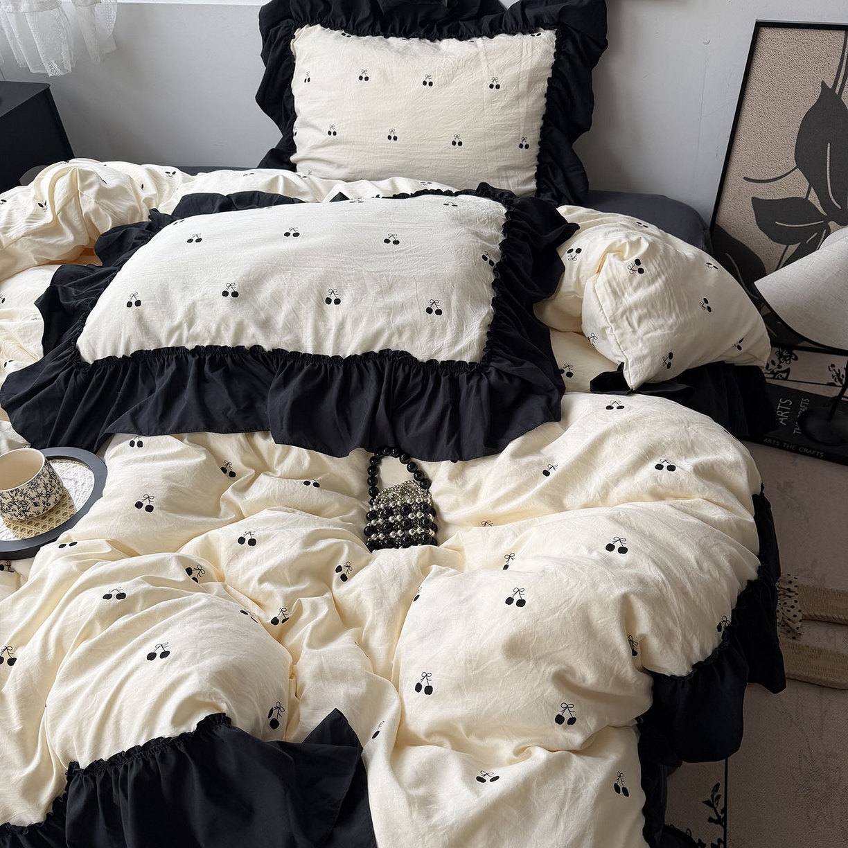 91家纺网 家纺一手货源 找家纺 原素 2026新款大黑边水洗棉四件套-安娜系列 安娜-樱桃